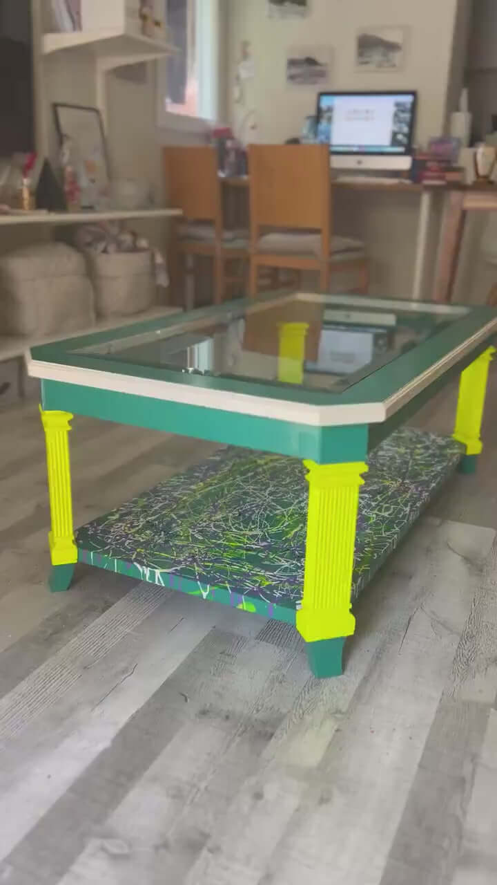 Pop Art Coffee Table: Neon Painted Handmade Modern Furniture showcasing vibrant colors and geometric design in a stylish living room.
